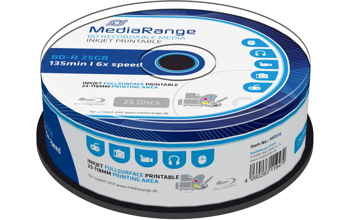 Mediarang BD-R 6x Single Layer 25GB 25er P. Blu-ray, Spindel, Bedrucken