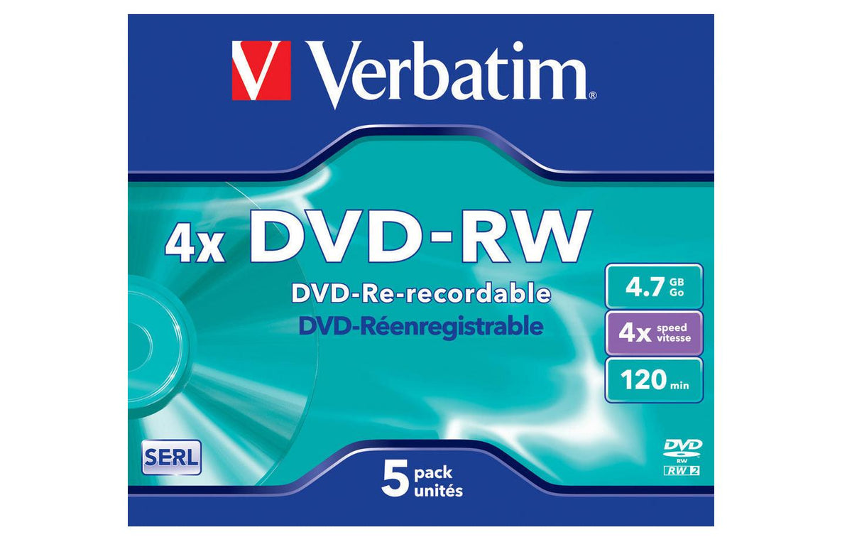 Verbatim DVD-RW 4.7GB, 5er Jewel Case bis 4-fach, nicht bedruckbar, mit Logo
