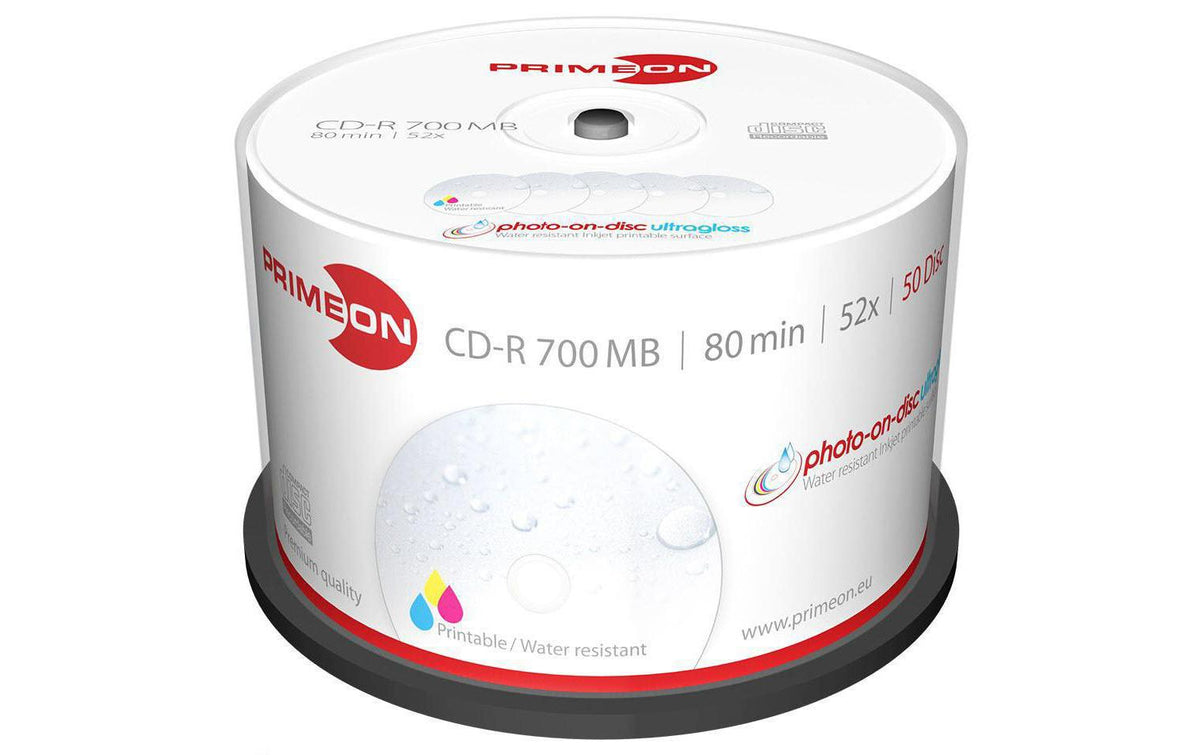 Primeon CD-R 700MB 50er Spindel bis 52-fach, bedruckbar, wasserresistant